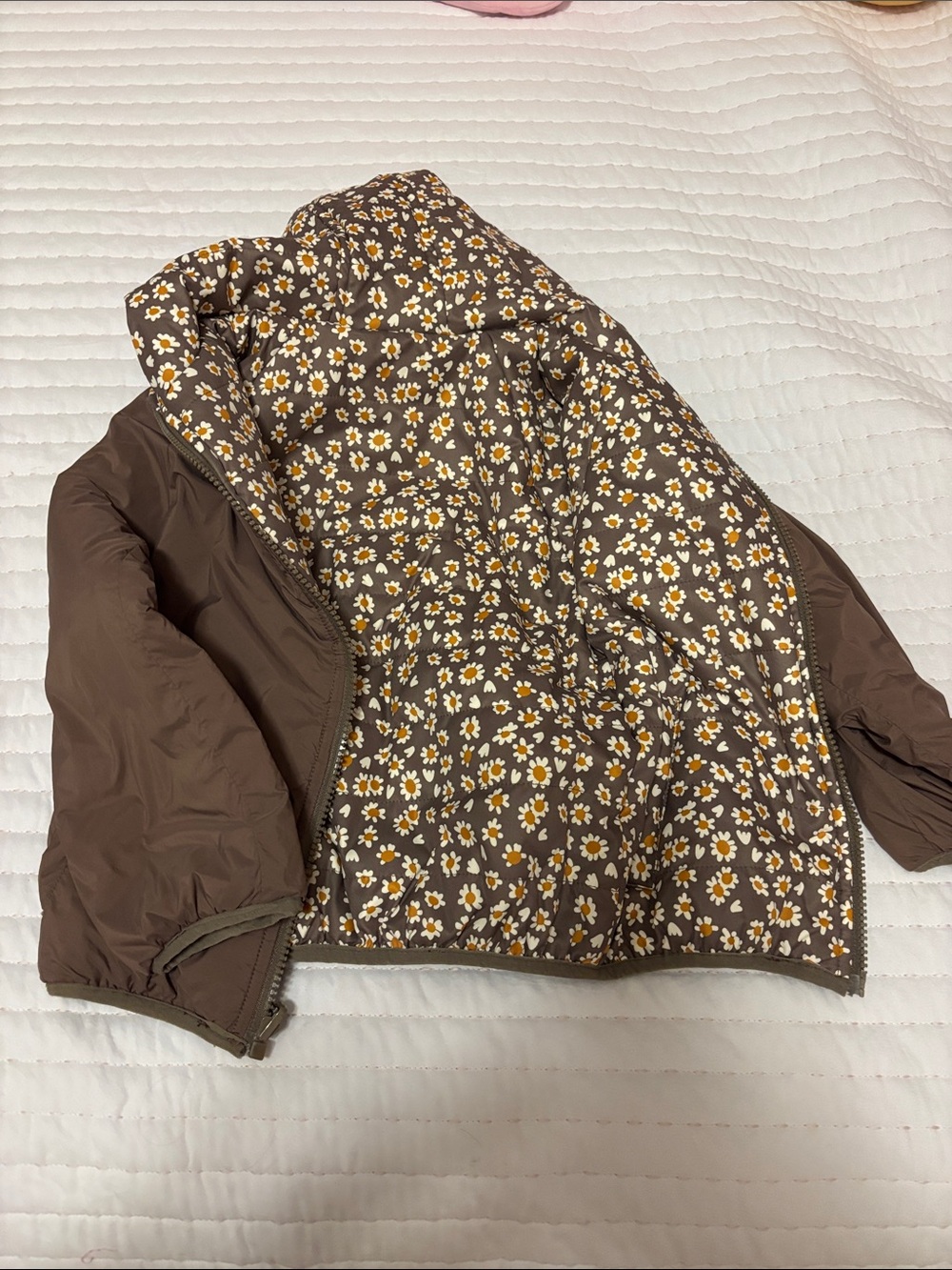 Brown Puffer Jacket with Daisy-Print Lining